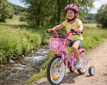 Vélo Enfant 16 Pouces Estabeter - Cadre Acier Carbone, Hauteur Réglable, Roues Stabilisatrices, Pour 5-8 Ans, Rose