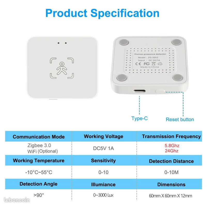 Détecteur de présence humaine millimétrique 5.8GHz zigbee - usb (image 6)