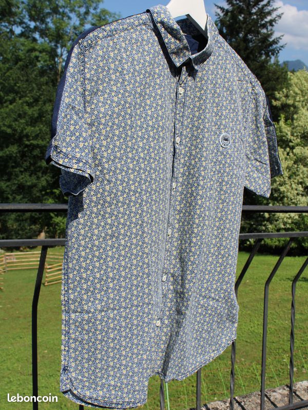 Chemise droite courte en coton bleu foncé homme