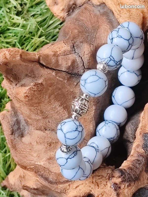 Bracelet pierres howlite blanche striée grise 10 mm (image 2)