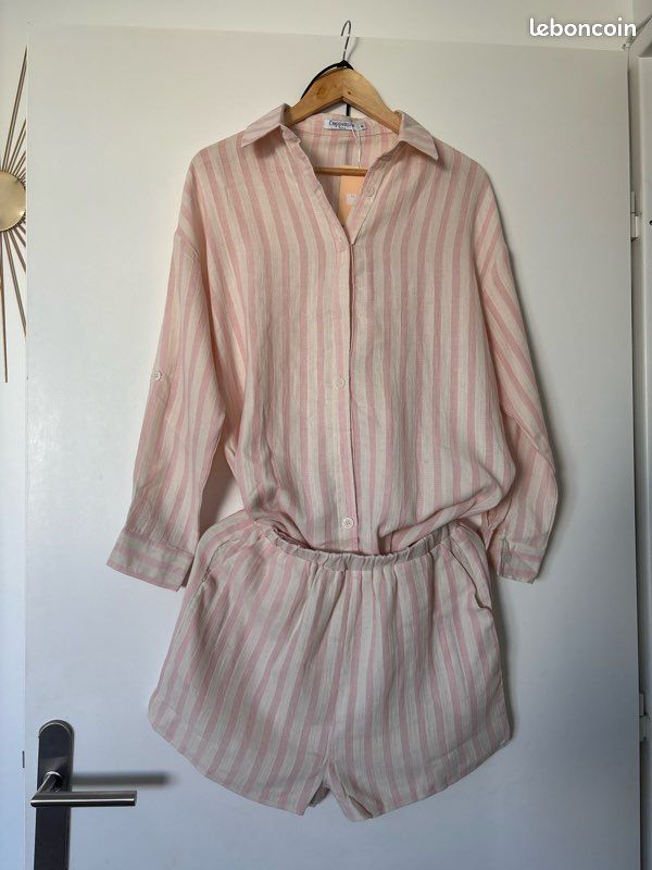 Ensemble chemise short écru et rose dragée S/M (image 2)