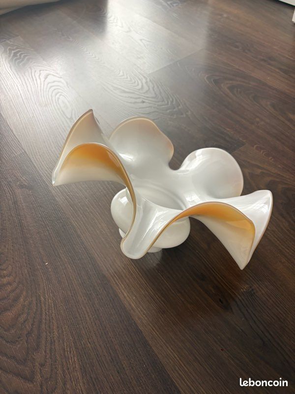 🌟 Abat-jour en opaline – Verre festonné irisé – Dégradé orange blond – Vintage – Très bon état (image 2)