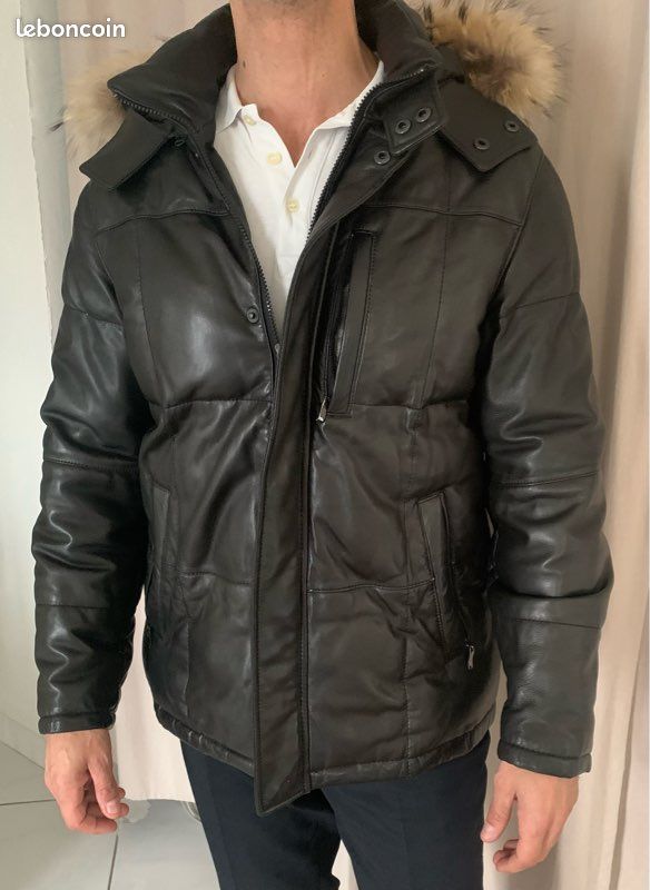 Doudoune en cuir homme TRAPPER avec capuche amovible avec fourrure