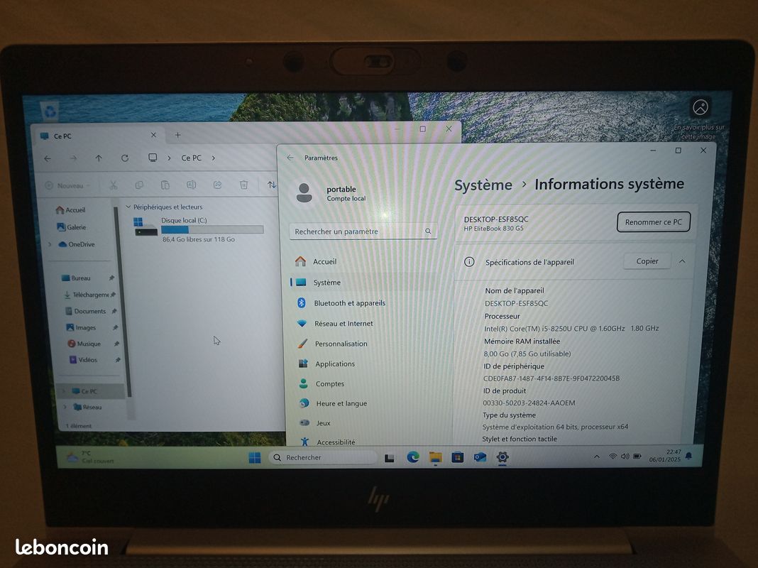 HP EliteBook 830 G5 / Intel Core i7-8550U / 13 FHD / 8 Go RAM / 256 Go SSD