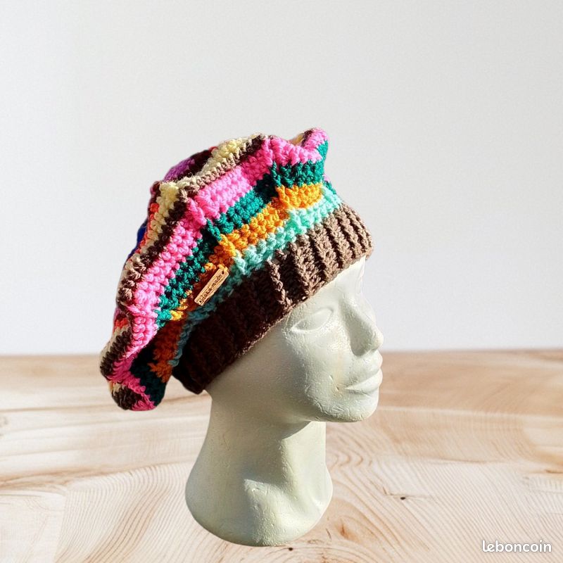 Béret Coloré Fait Main En Coton - Années 80 - Taille Unique - Occasion