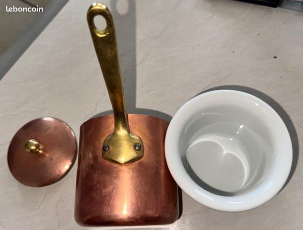 Bain-marie vintage, bain-marie, français, cuivre, insert en porcelaine blanche APILCO - France