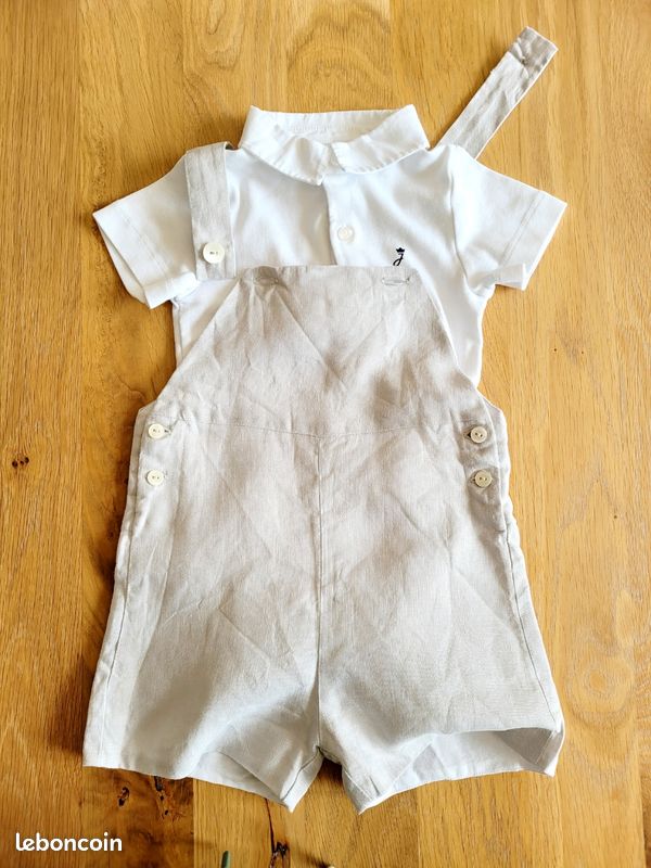 Tenue cérémonie Jacadi 24 mois 2 ans salopette lin gris souris body gilet blanc comme neuf (image 9)
