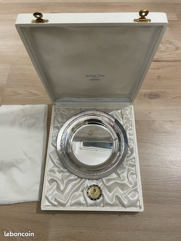 Plateau De Service Double Coupelle En Métal Argenté Mat - Pièce Vintage 1940-1960