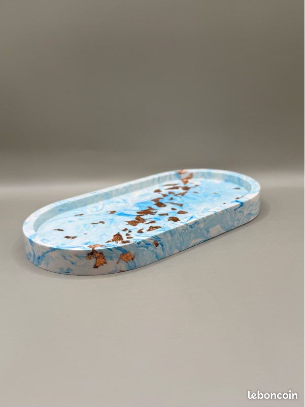 Plateau De Service Artisanal En Bois - Incrustation Os Bleu - Moderne - Fabriqué En Inde