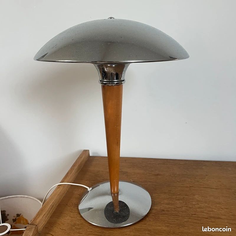Lampe style Paquebot vintage chrome et bois champignon (image 1)