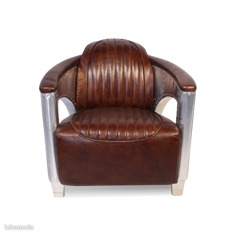 Fauteuil Aviateur cuir Noir vintage et Aluminium Riveté "Byrd" (image 2)