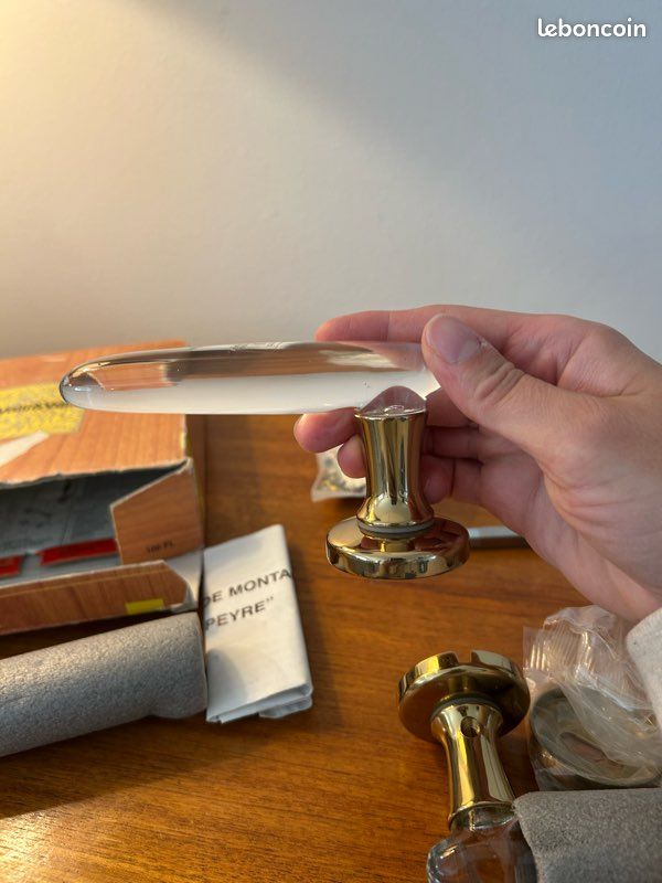 Paire De Poignées De Porte Vintage En Verre Mortaise Et Laiton Brillant - Style Classique - Neuf