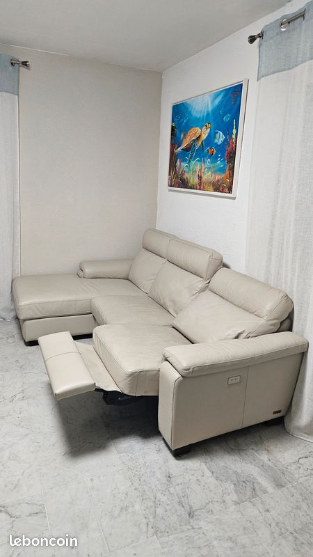 Canapé électrique avec méridienne en cuir Poltrone Sofa Coloris beige BONDENO (image 1)