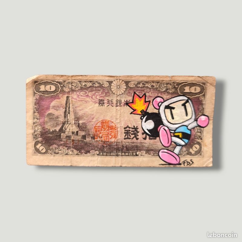 Œuvre Street / Pop Art originale - Bomberman sur billet vintage japonais (image 1)