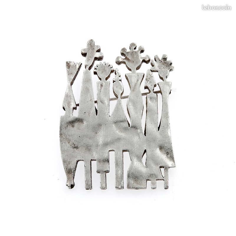 Broche Vintage Signée Biche De Bere - Métal Argenté - Bijou Moderniste
