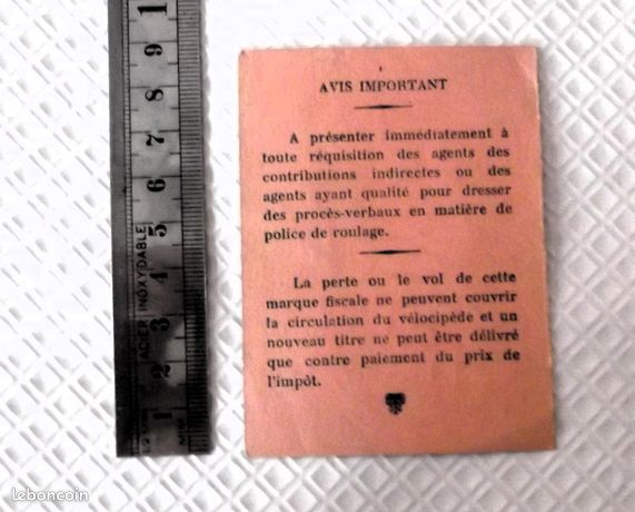 Plaque fiscale de vélo année 1940 - impôt vélocipède - taxation | eBay