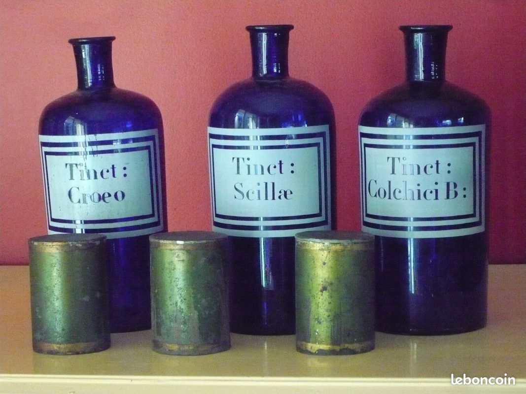 POTS DE PHARMACIE ANCIENS, en verre, ensemble de 3 pots, fin XIX ème (image 2)