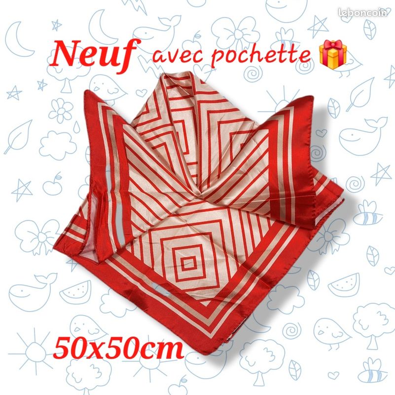 Foulard satin chic graphique rouge neuf avec pochette (image 2)