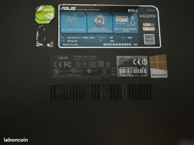 Coque Inférieure ASUS X751LD Avec Haut-parleurs – Bon état – Pièce Détachée