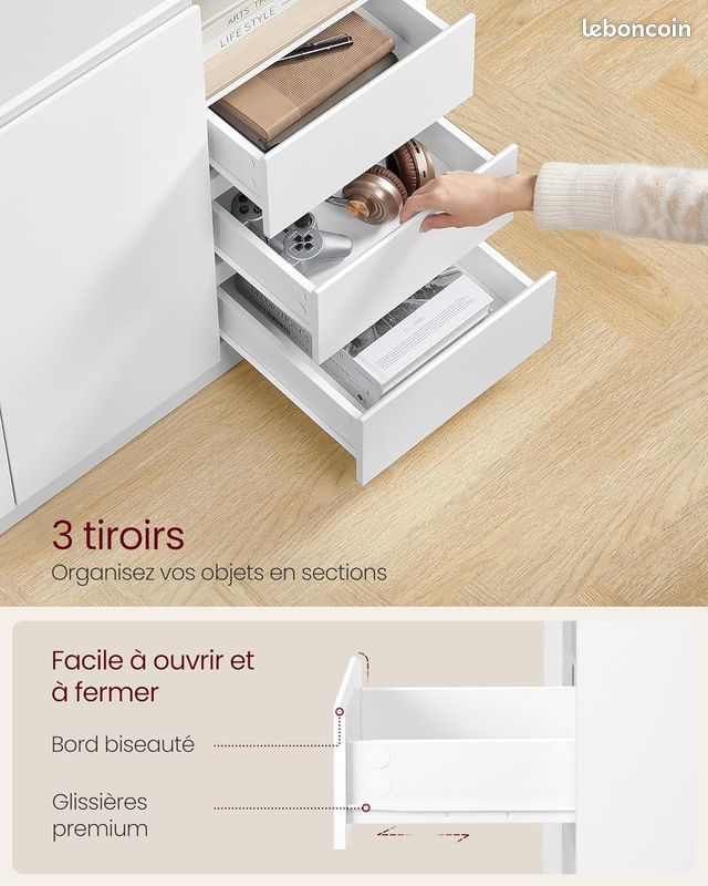 Buffet Moderne – Armoire de Rangement Minimaliste – 3 Tiroirs & Placard à Étagères Réglables – Design Blanc Nuage sans Poignées – 103,3 cm (image 3)