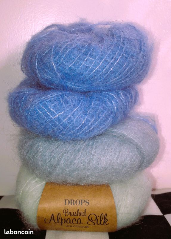 4 pelotes neuves (📏380M-⚖️68G au total) BRUSHED ALPACA SILK 77% alpaga et 23% soie de DROPS 3 coloris assortis (14 BRUME MATINALE + 33 GLACE PISTACHE + 28 BLEU PACIFIQUE) (image 1)