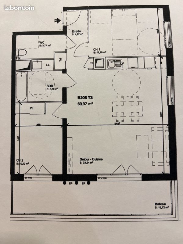 Appartement 3 pièces 70 m² · à Blagnac · 70 m² · 1 100 €/mois