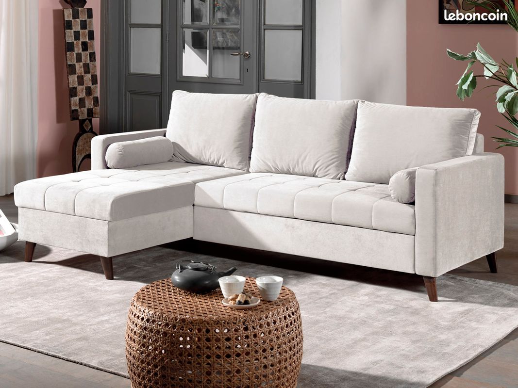 POLAR - Canapé d'angle réversible convertible - en velours au design scandinave - 4 places - Beige (image 2)