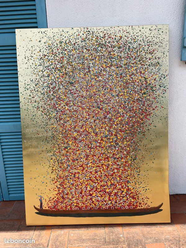 Tableau touched fleurs pirogue 120x160cm doré et rose kare design (image 1)
