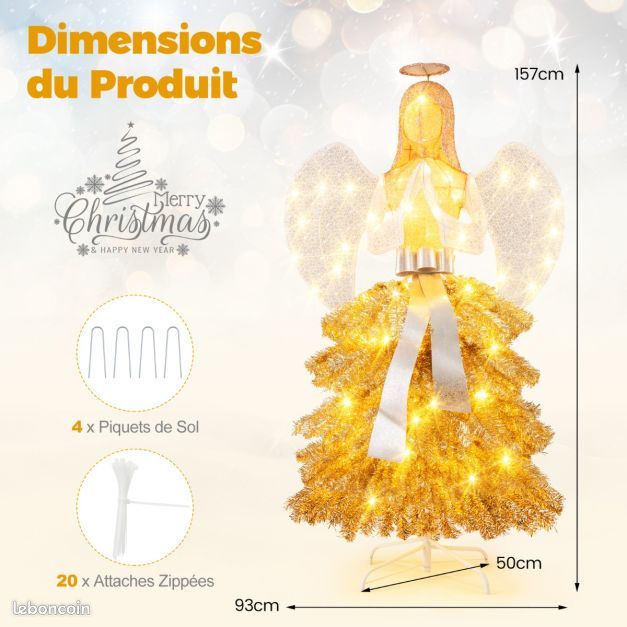 Ange De Sapin De Noël Lumineux – 30 Cm – Robe Dorée – Décoration Fibre Optique