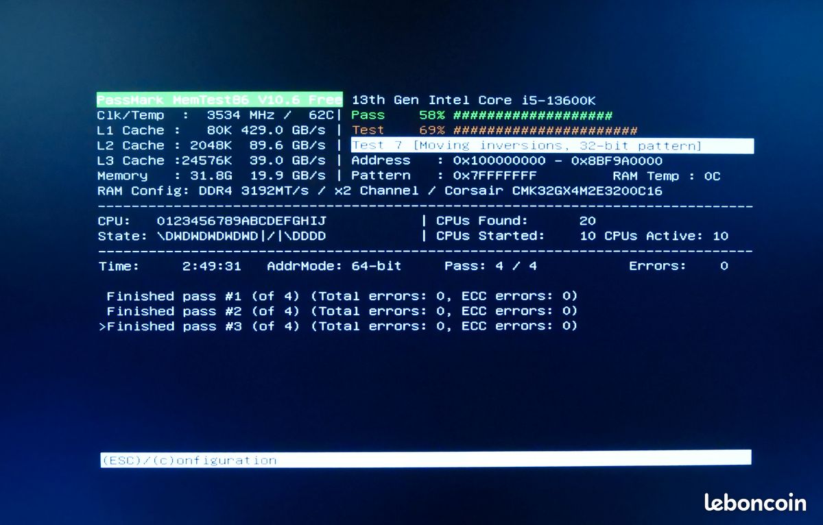 Cpu Memtest Test Errors RAM DDR4 32Go (2 X 16Go) Corsair 3200 C16
