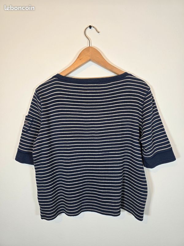 Ralph Lauren T-Shirt Femme M Bleu à rayures Été Classique Chic Vintage Casual Très Bon état (image 8)