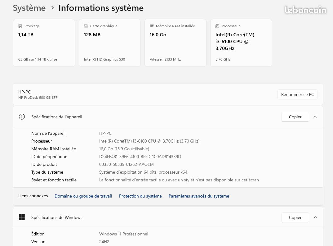 Vends ordinateur HP PRODESK 600G3 SFF I3-6100 3.70GHz / 16GB RAM+ WIN11Pro + OFFICE 2010 PRO (image 3)