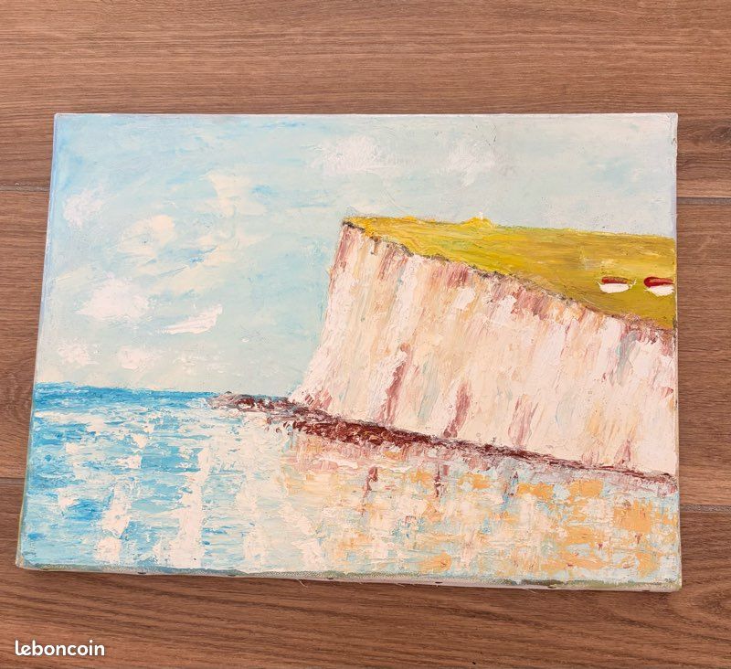 Tableau original signé G.Lephay – Paysage de falaise et bord de mer – Peinture à la main (image 2)
