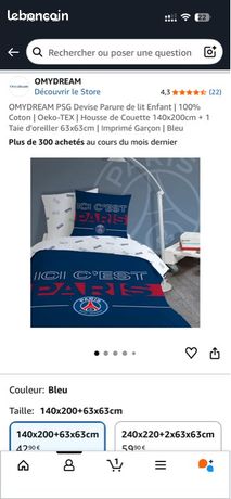 Parure De Lit PSG Devise Enfant - Housse Couette 140x200cm + Taie Oreiller 63x63cm, 100% Coton Oeko-Tex
