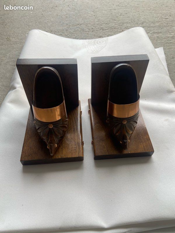 🪵 Paire de serre-livres vintage sabots bois & cuivre + 2 mini-sabots (image 3)
