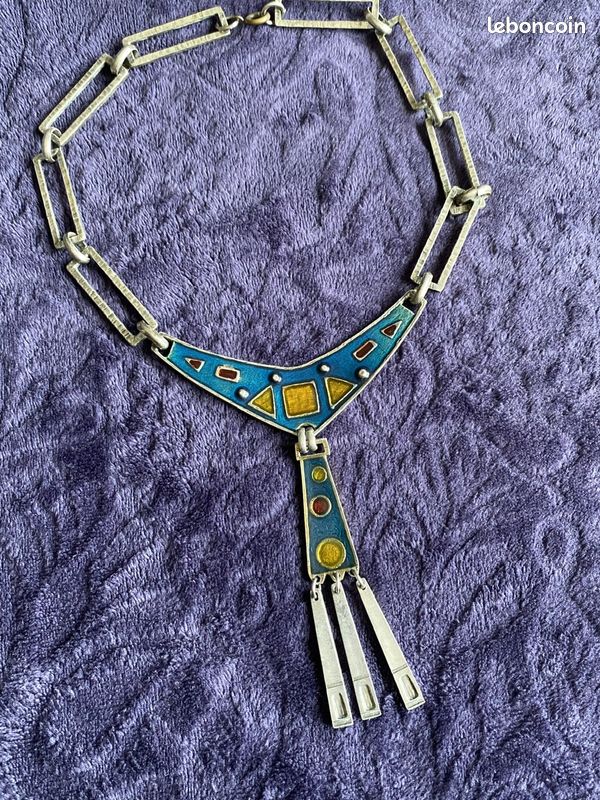 Collier Vintage En Métal émaillé Bleu-vert Et Doré - Bijou Occasion