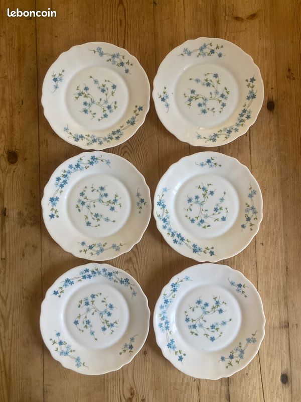 Lot De 12 Assiettes Creuses Arcopal – Motif Veronica Myosotis Fleurs Bleues – + 6 Petites Assiettes à Dessert