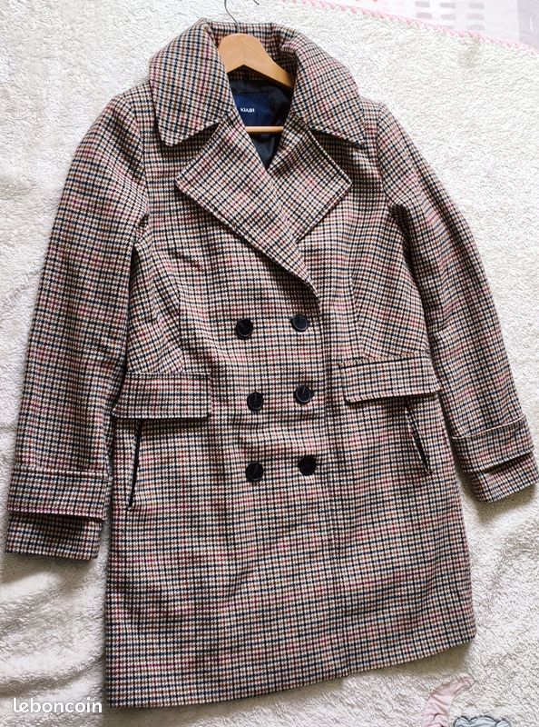 Manteau Femme En Laine à Carreaux - Taille 36, Style Caban, Comme Neuf