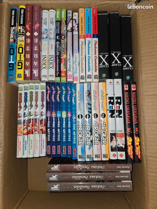 Lot de mangas d’occasion rangés dans une caisse, tranches et numéros visibles