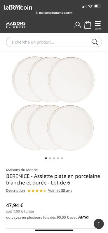 Assiette plate en porcelaine blanche et dorée BERENICE