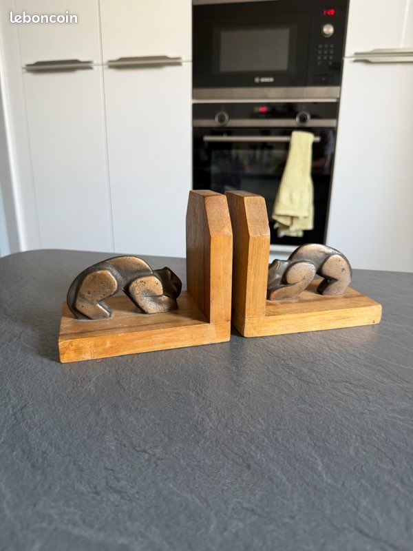 Paire de serre-livres chats en bois et métal patiné – Art Déco (image 5)