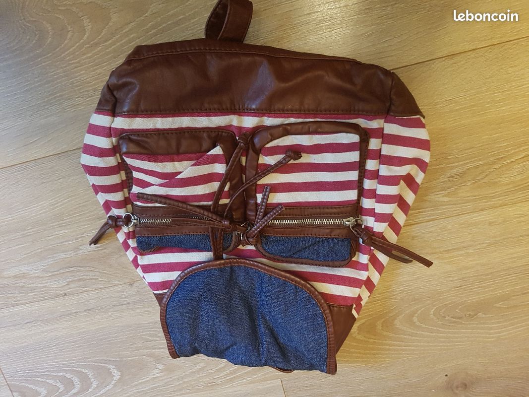 Sac rayé en cuir et tissu (image 1)