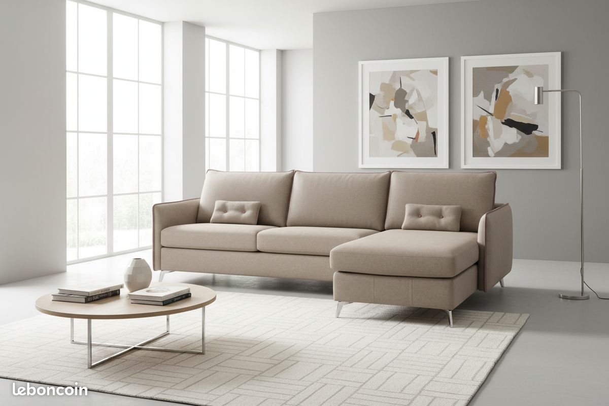 Canapé d'angle convertible méridienne beige avec matelas 14cm d'épaisseur haut de gamme (image 2)
