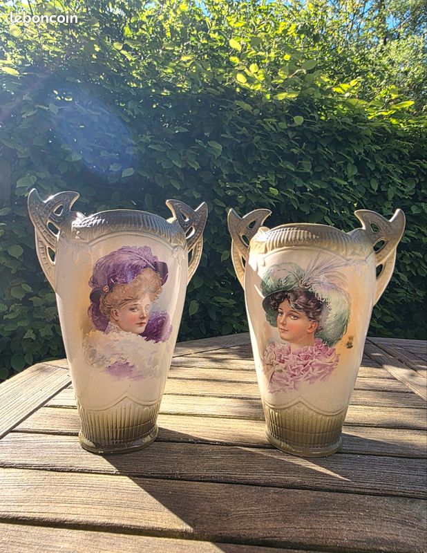 Paire de vases anciens Art Nouveau - Décor "Les Élégantes" Belle Époque (image 3)