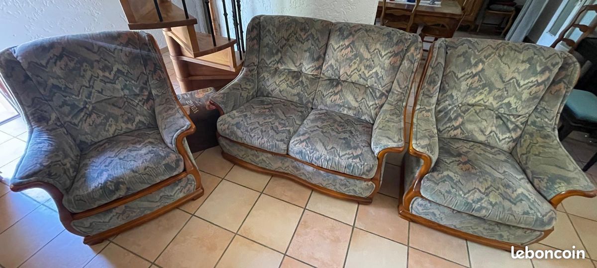 Vend canapé en velours bleu, avec ses 2 fauteuils (image 1)