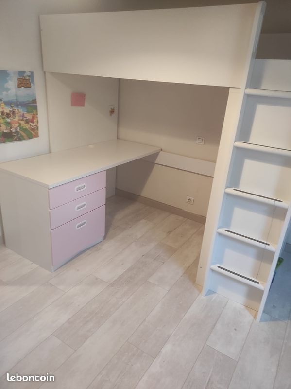 Lit mezzanine, blanc rose pâle/avec bureau ikea avec matelas (image 2)