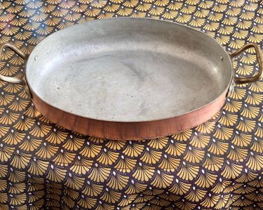 Grand Plat Ovale En Cuivre étamé Vintage - 2 Anneaux Laiton - Art De La Table
