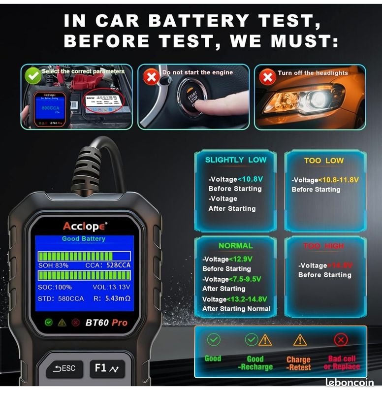Testeur De Batterie BT60 PRO - Compatible 6V/12V/24V, AGM/Gel/Lithium, Test Démarrage Et Charge