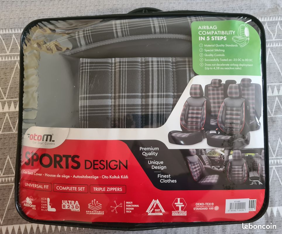 OtoM Housse De Sièges Universel En Textile/cuir 'Limited' Noir Surpiqûres Gris - 11-pièces - Adapté Aux Side-Airbags