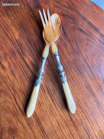 GRANDS COUVERTS SALADE Métal Argenté Ancien Vintage France XXe Poinçon FT EUR 39,00 - FR